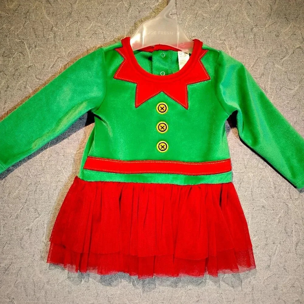 George Infant Green Velvet &  Red Tulle Long Sleeve Holiday Dress 12-18 Mo.